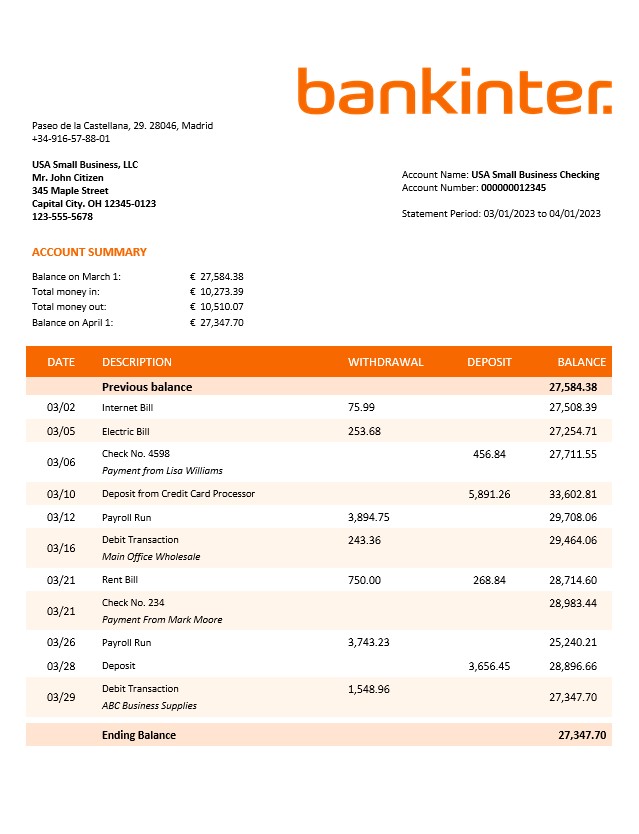 Modèle Word et PDF de relevé d'entreprise Bankinter